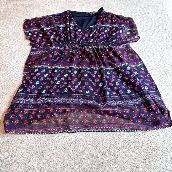 Boho Mini Dress V-Neck Gathered Smocked Waist Floral Speed Control NY Plus 2X - Picture 1 of 12